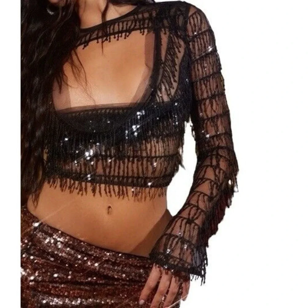 Pretty Little Thing Top Womens Size 4 Black Sequin Detail Cowl Neck Tie Back Top